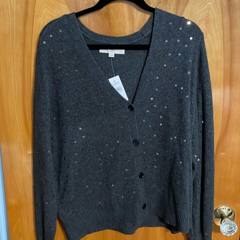 Gray sweater w/glittery stars. Loft. Never worn. Size XL